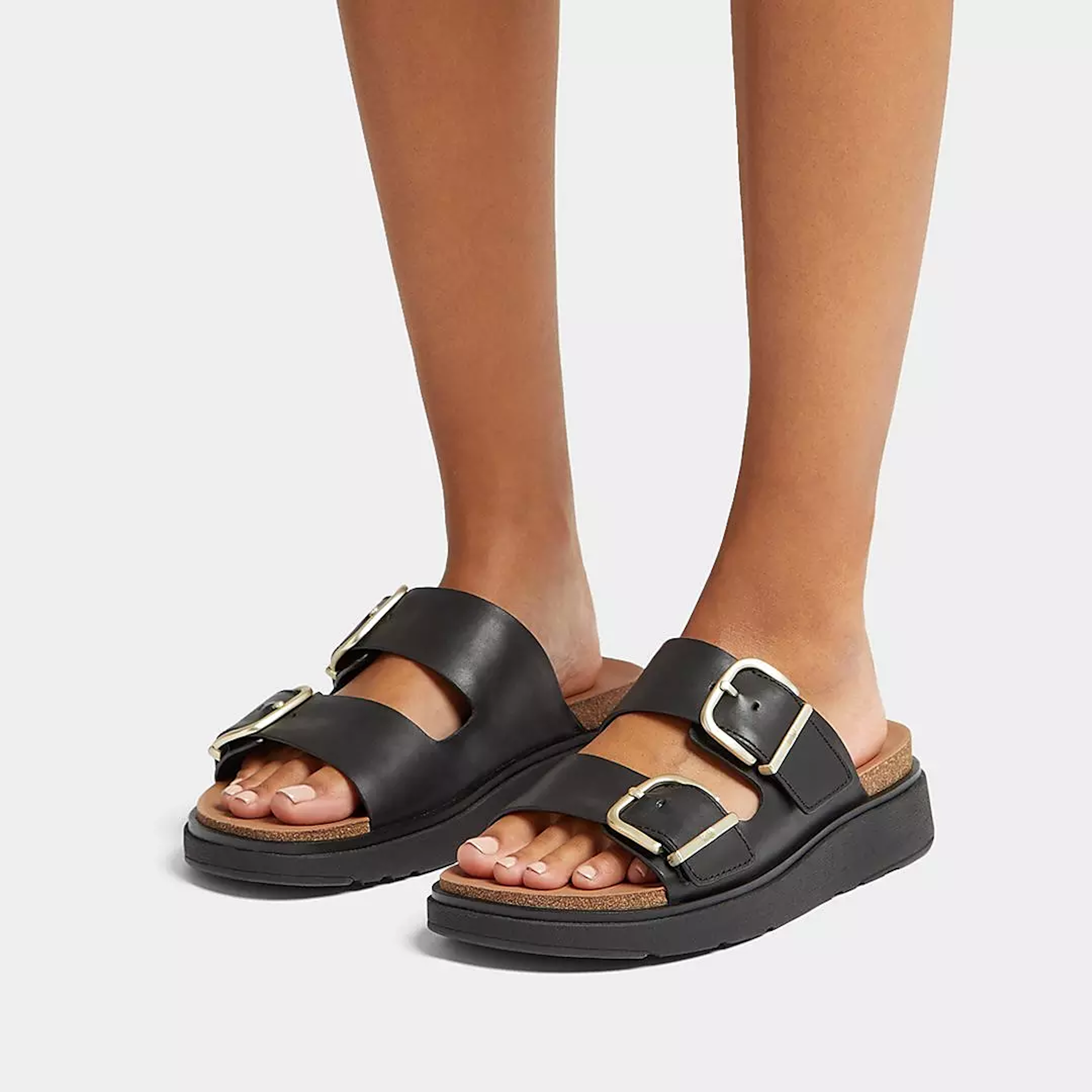 FITFLOP Gen-FF Buckle Two-Bar Leather Slides in Black HE8  | Shop from eightywingold an official brand partner for Fitflop Canada and US.