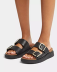 FITFLOP Gen-FF Buckle Two-Bar Leather Slides in Black HE8  | Shop from eightywingold an official brand partner for Fitflop Canada and US.