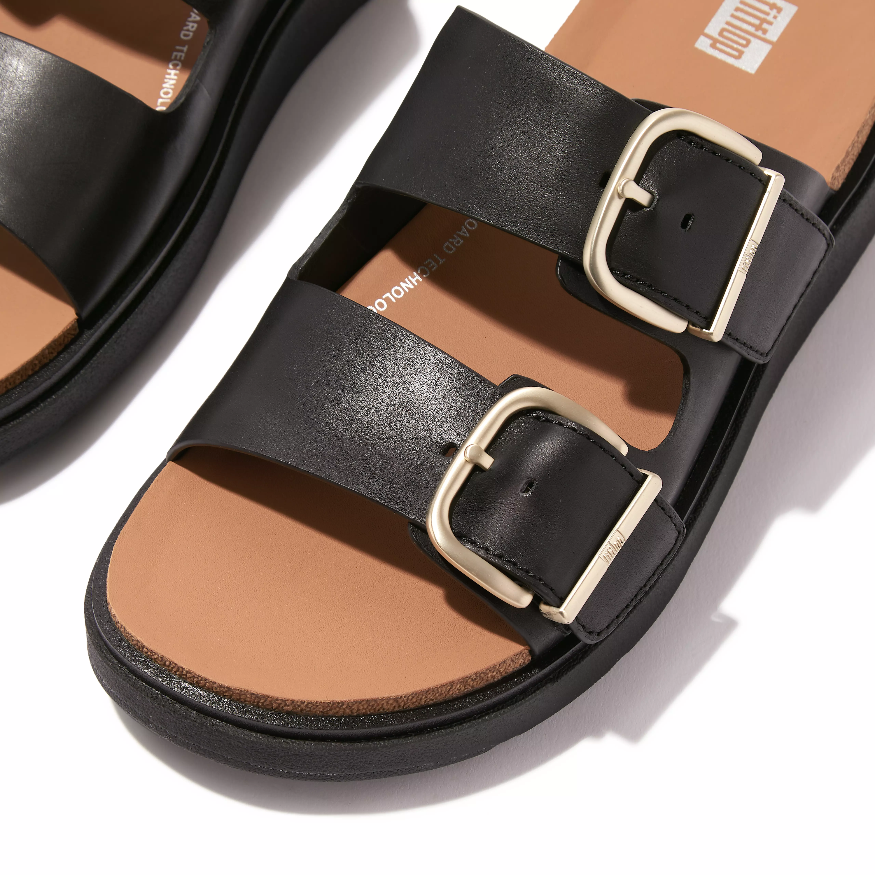 FITFLOP Gen-FF Buckle Two-Bar Leather Slides in Black HE8  | Shop from eightywingold an official brand partner for Fitflop Canada and US.