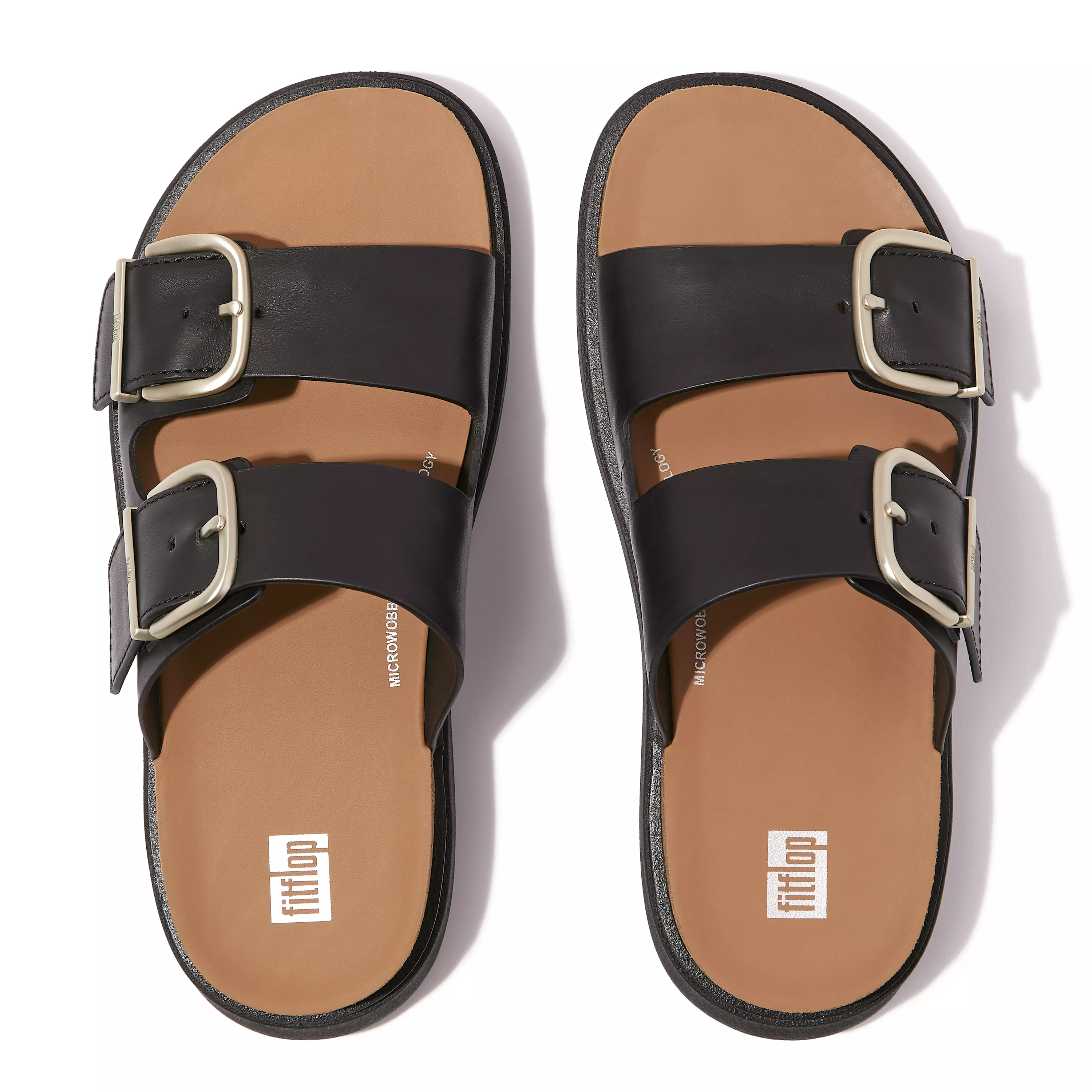 FITFLOP Gen-FF Buckle Two-Bar Leather Slides in Black HE8  | Shop from eightywingold an official brand partner for Fitflop Canada and US.