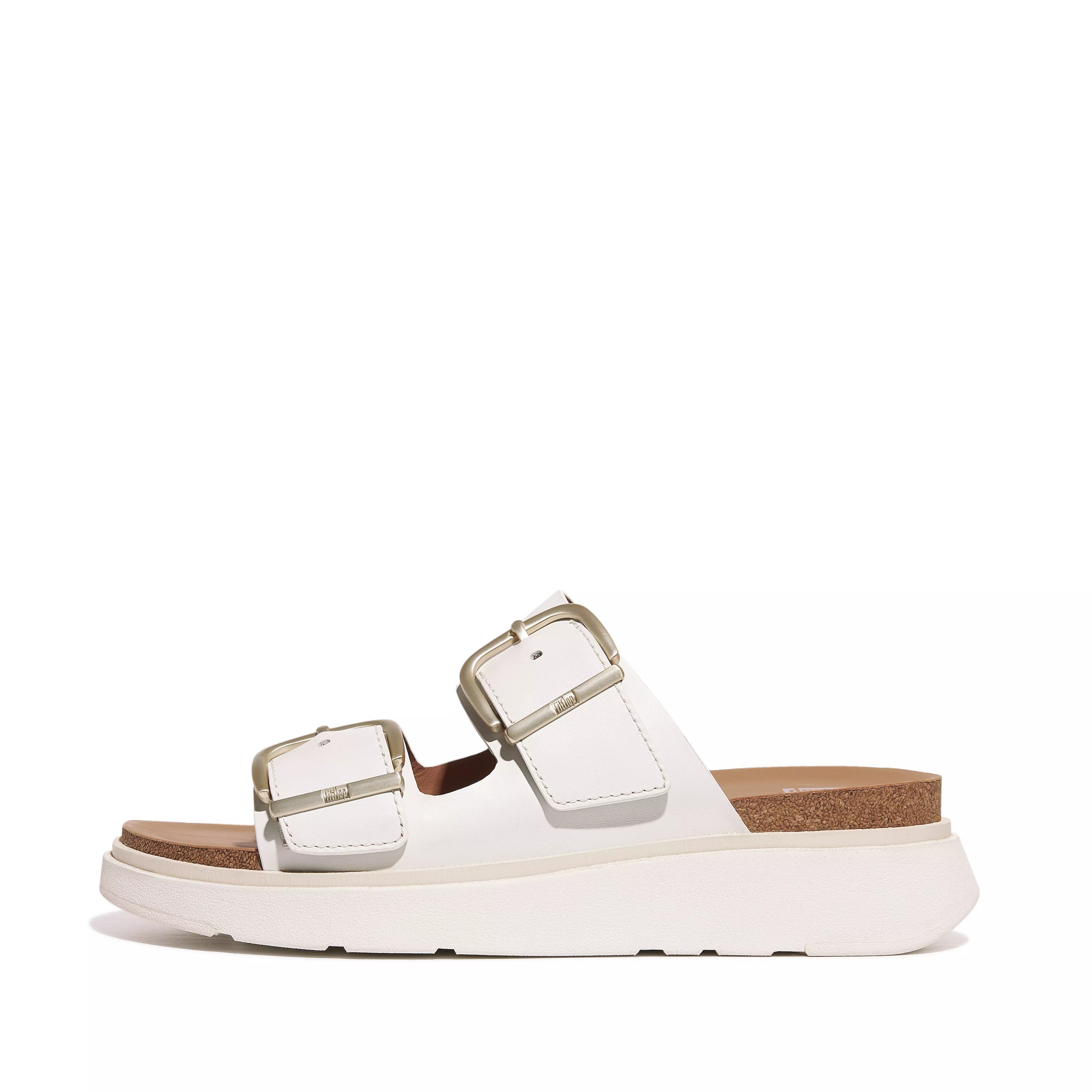 FITFLOP Gen-Ff Buckle Two-Bar Leather Slides in White HE8 | Shop from eightywingold an official brand partner for Fitflop Canada and US.