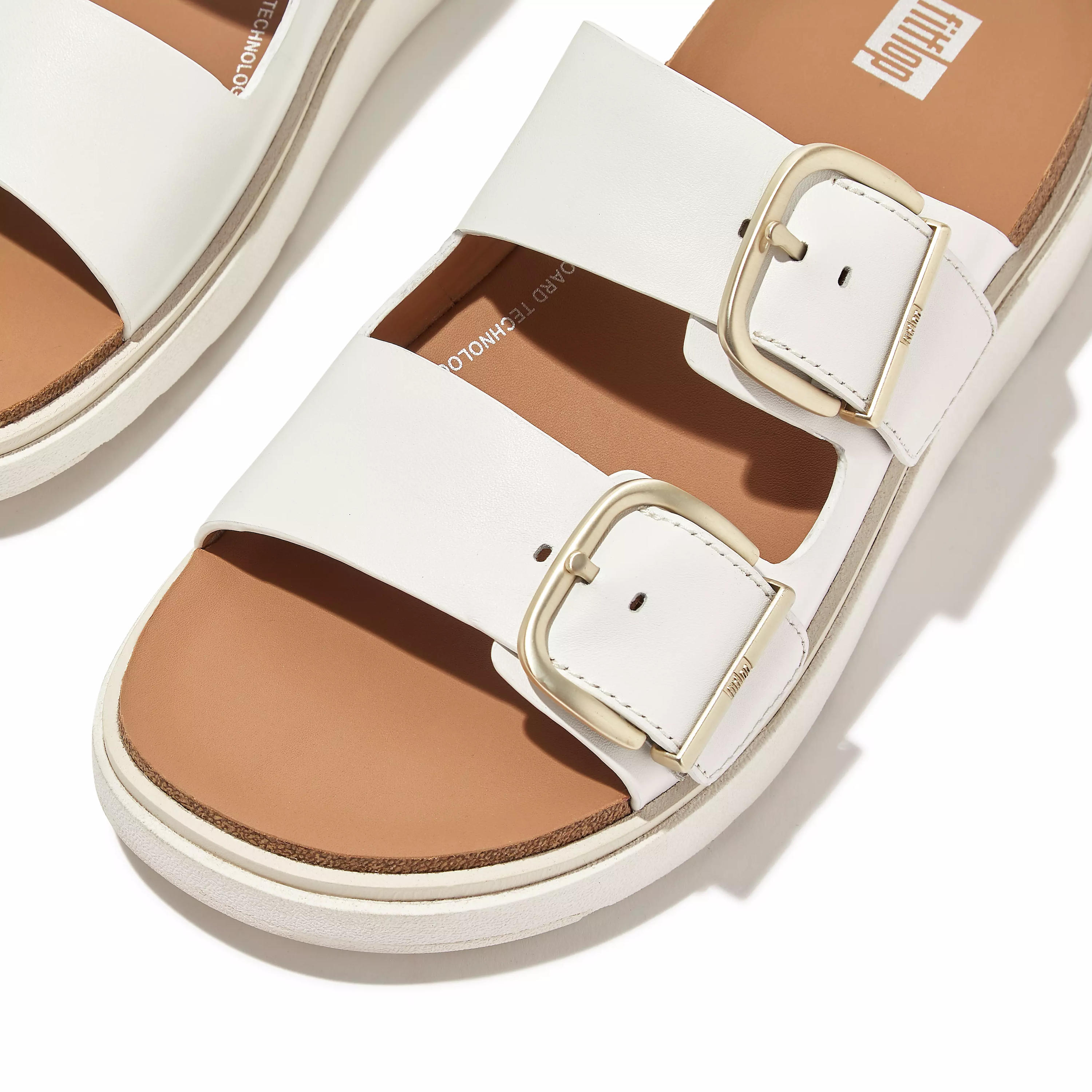 FITFLOP Gen-Ff Buckle Two-Bar Leather Slides in White HE8 | Shop from eightywingold an official brand partner for Fitflop Canada and US.