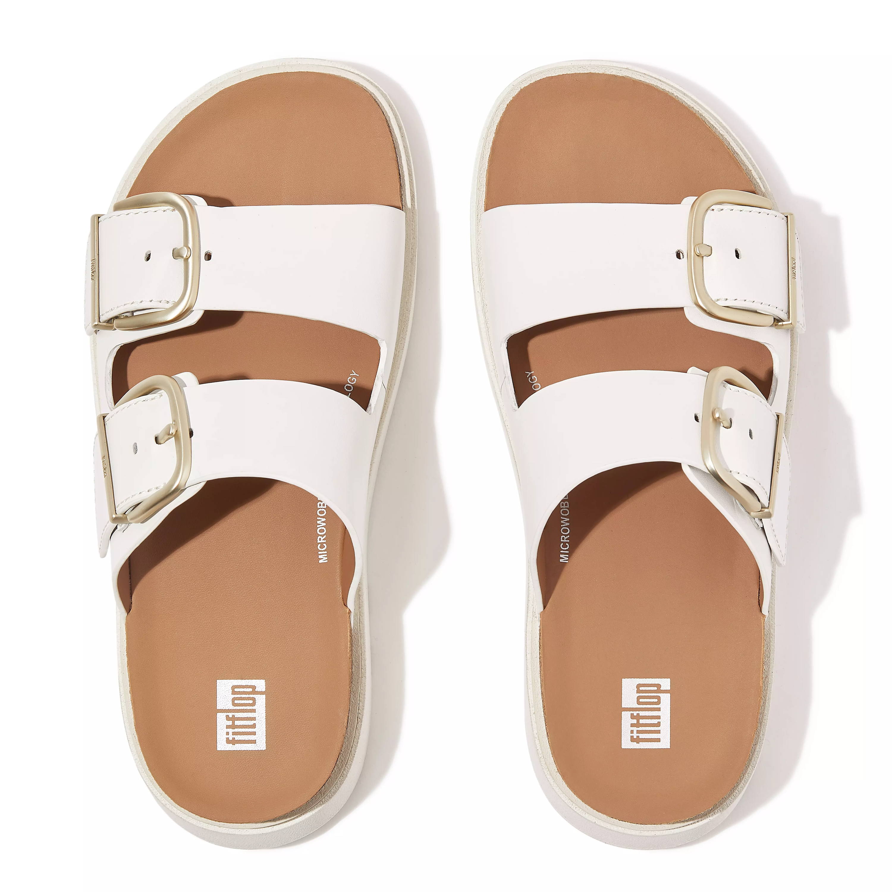 FITFLOP Gen-Ff Buckle Two-Bar Leather Slides in White HE8 | Shop from eightywingold an official brand partner for Fitflop Canada and US.