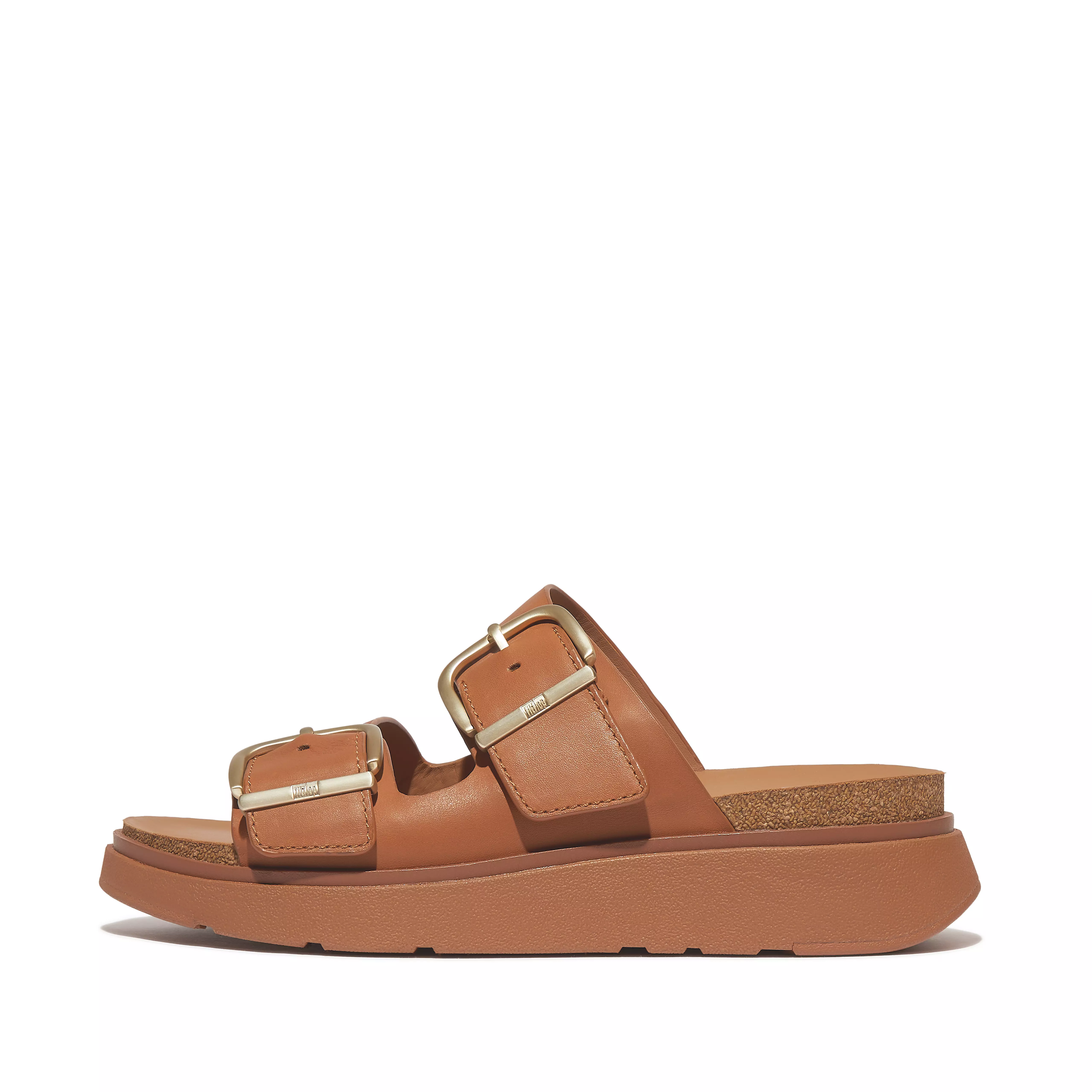 FITFLOP Gen-Ff Buckle Two-Bar Leather Slides in Light Tan  HE8 | Shop from eightywingold an official brand partner for Fitflop Canada and US.