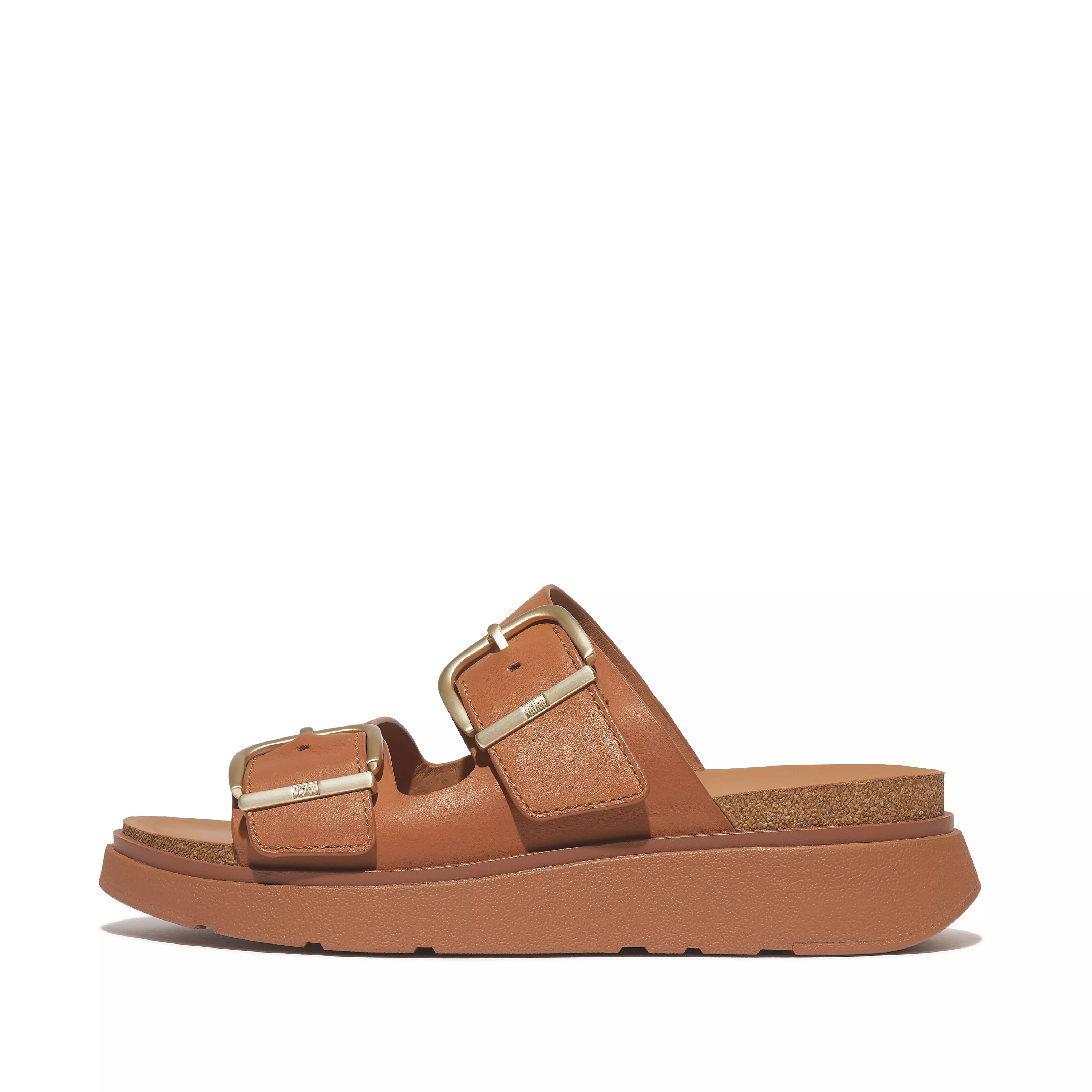 FITFLOP Gen-FF Buckle Two-Bar Leather Slides in Light Tan