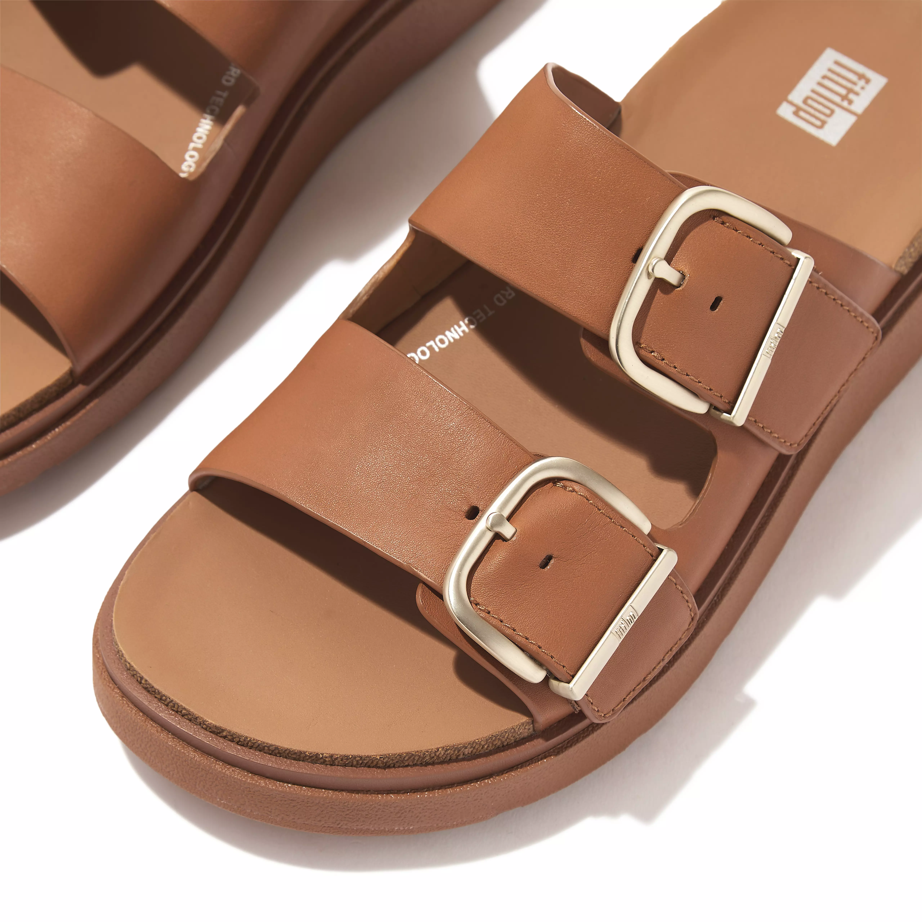 FITFLOP Gen-Ff Buckle Two-Bar Leather Slides in Light Tan  HE8 | Shop from eightywingold an official brand partner for Fitflop Canada and US.