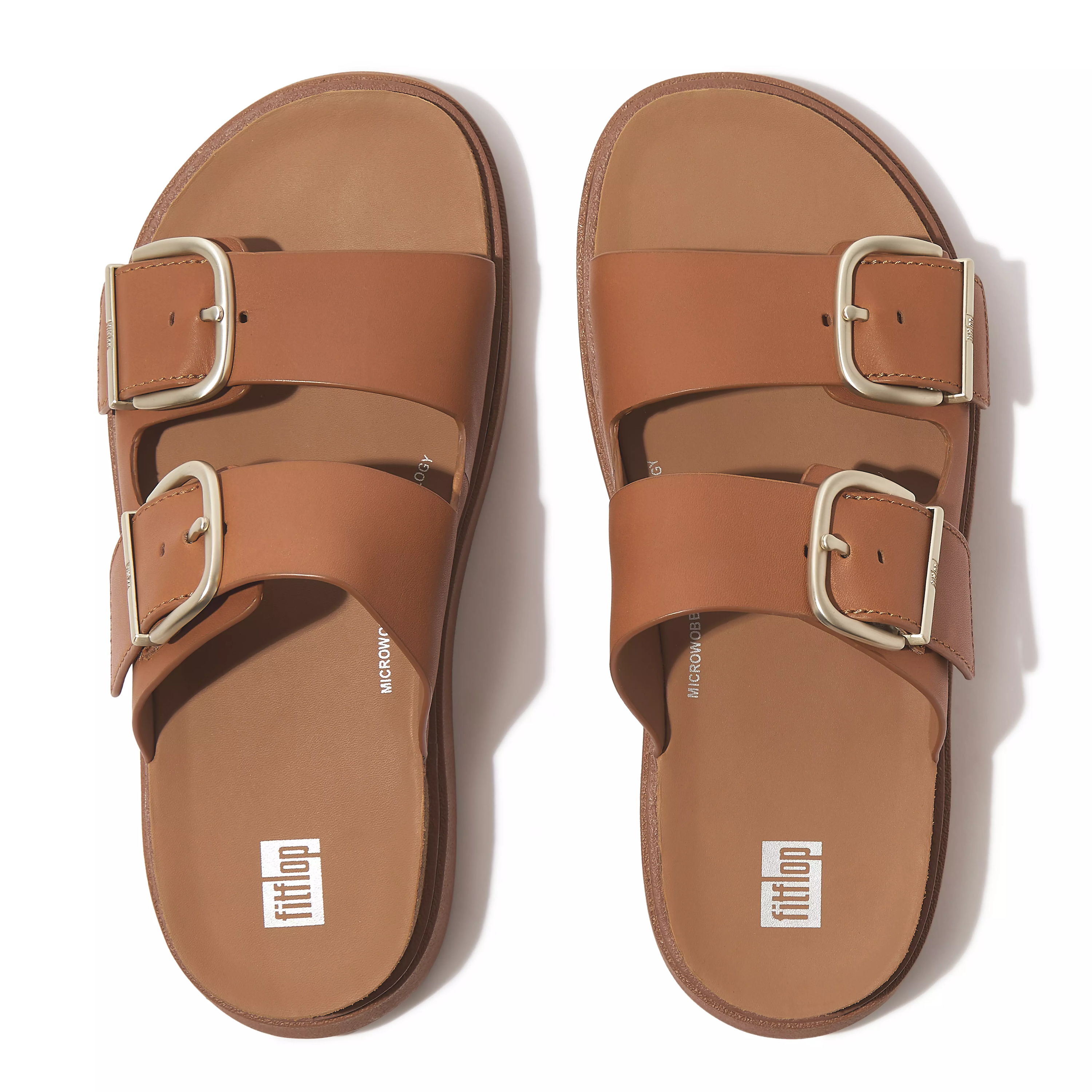 FITFLOP Gen-Ff Buckle Two-Bar Leather Slides in Light Tan  HE8 | Shop from eightywingold an official brand partner for Fitflop Canada and US.