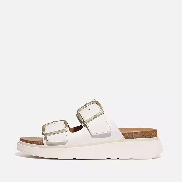 Urban White FITFLOP leather slide sandals in Canada with Microwobbleboard midsole and adjustable buckle straps