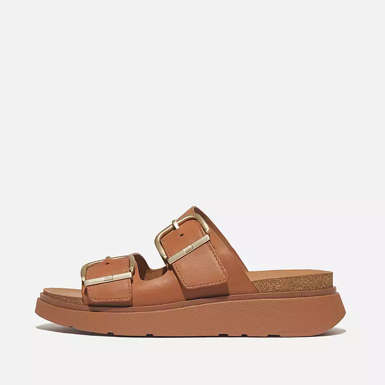 Light Tan FITFLOP leather slide sandals in Canada with Microwobbleboard cork midsole and double buckle straps