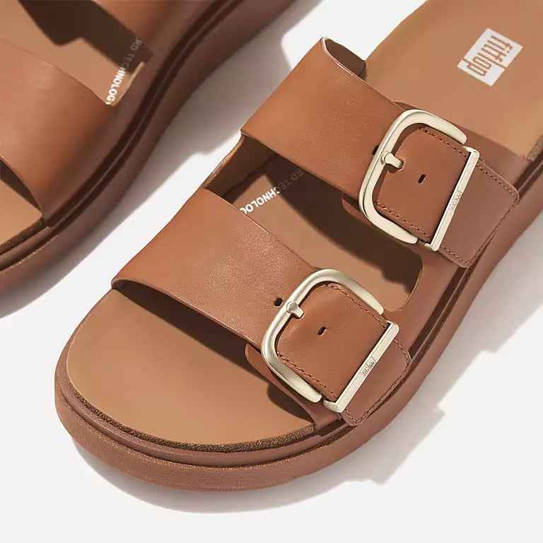 Top-down image of Light Tan FITFLOP comfort sandals in Canada with adjustable straps and leather lining