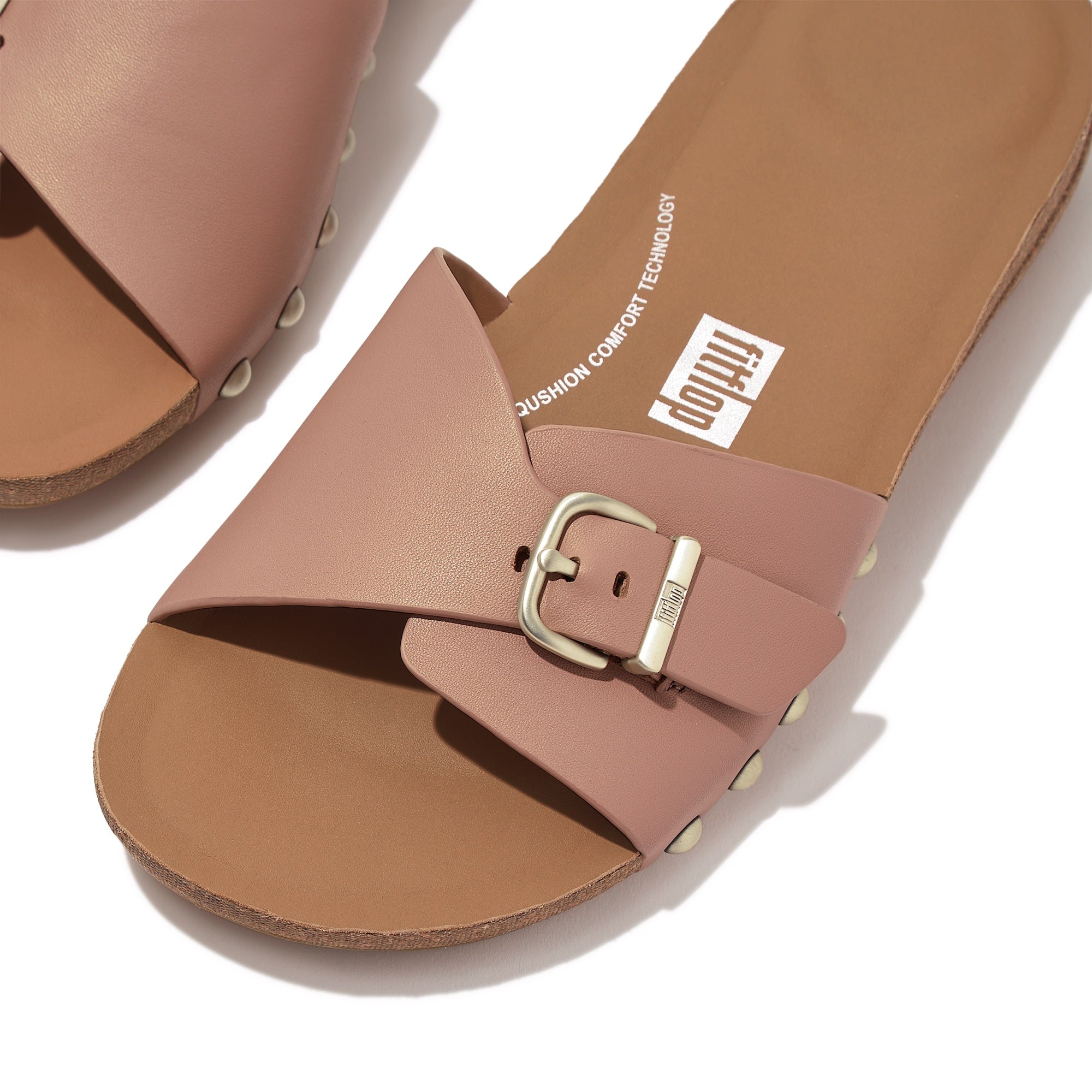 FITFLOP Iqushion Adjustable Buckle Leather Slides in Light Brown HF1  | Shop from eightywingold an official brand partner for Fitflop Canada and US.