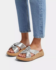 FITFLOP F-Mode Leather-Twist Flatform Slides in Silver  HI1 | Shop from eightywingold an official brand partner for Fitflop Canada and US.