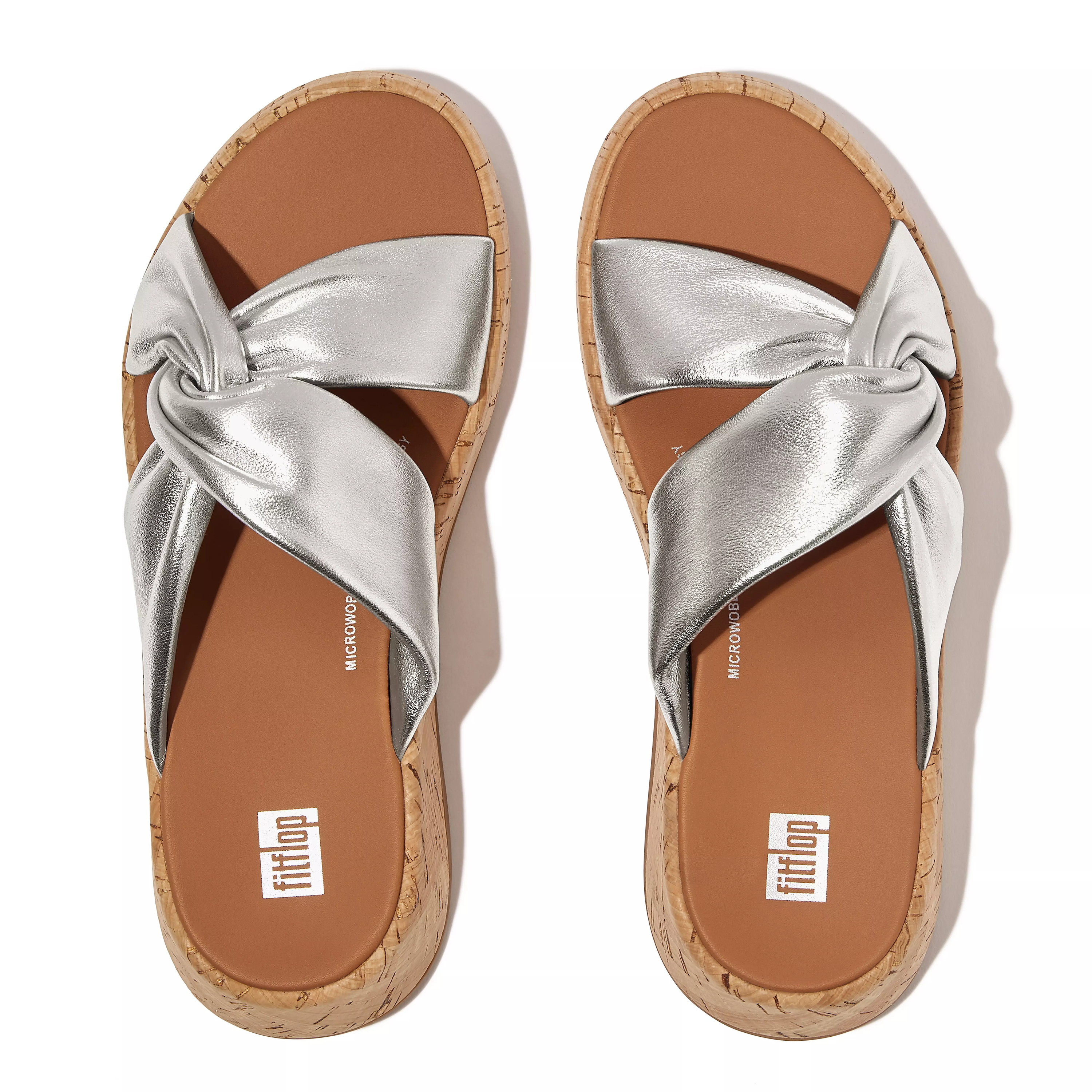 FITFLOP F-Mode Leather-Twist Flatform Slides in Silver  HI1 | Shop from eightywingold an official brand partner for Fitflop Canada and US.