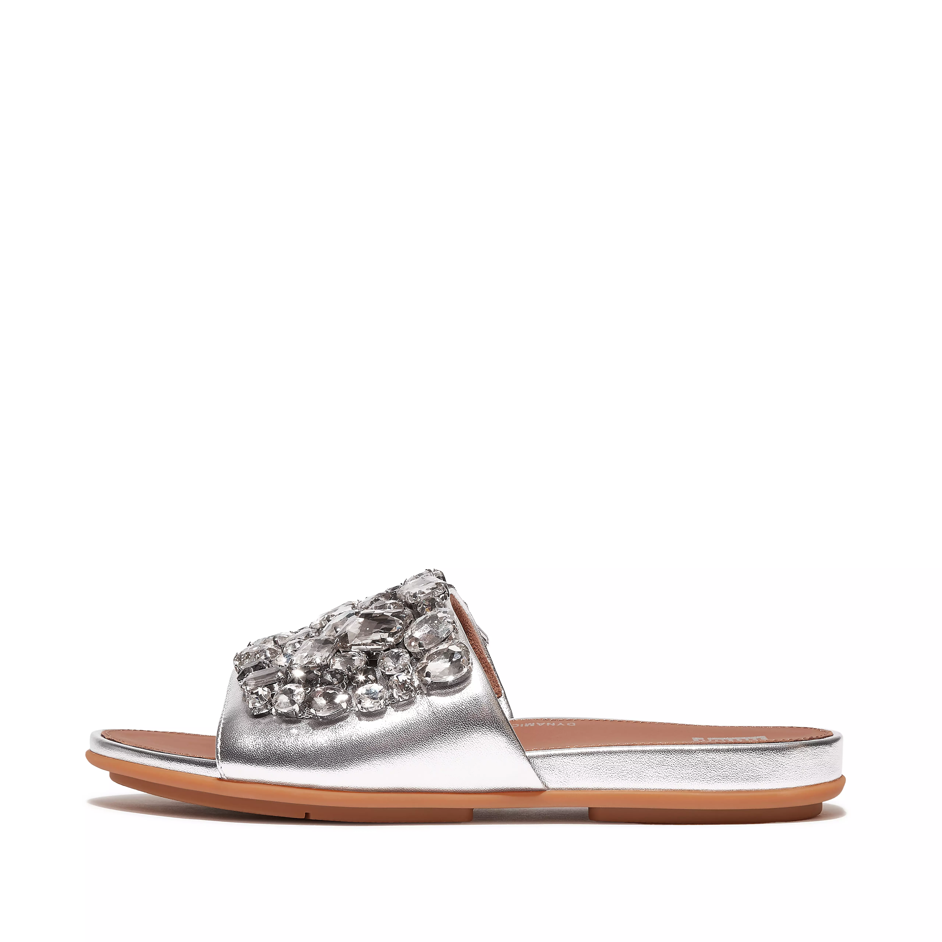 FITFLOP Gracie Jewel-Deluxe Metallic-Leather Slides in Silver HQ6 | Shop from eightywingold an official brand partner for Fitflop Canada and US.