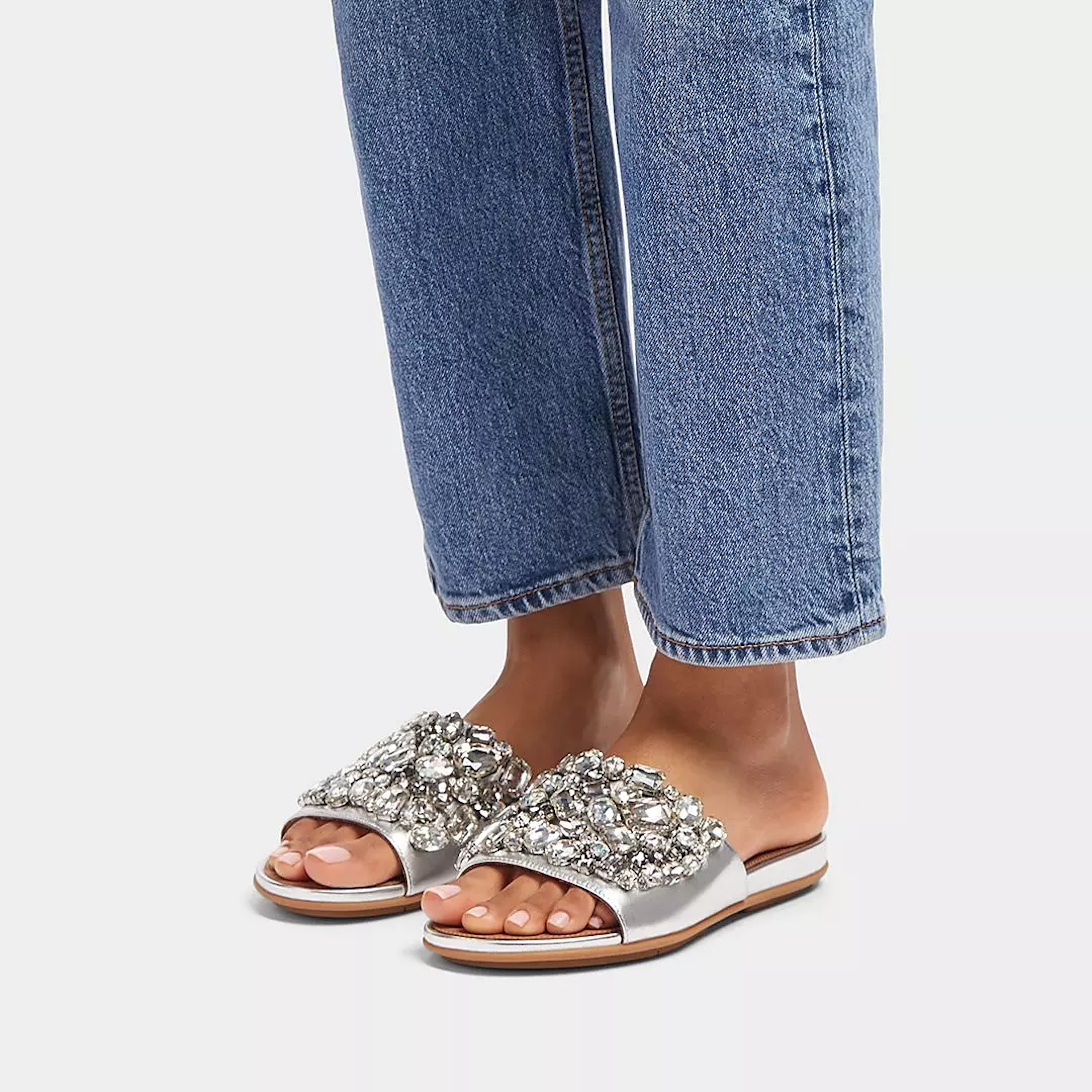 FITFLOP Gracie Jewel-Deluxe Metallic-Leather Slides in Silver HQ6 | Shop from eightywingold an official brand partner for Fitflop Canada and US.