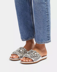 FITFLOP Gracie Jewel-Deluxe Metallic-Leather Slides in Silver HQ6 | Shop from eightywingold an official brand partner for Fitflop Canada and US.