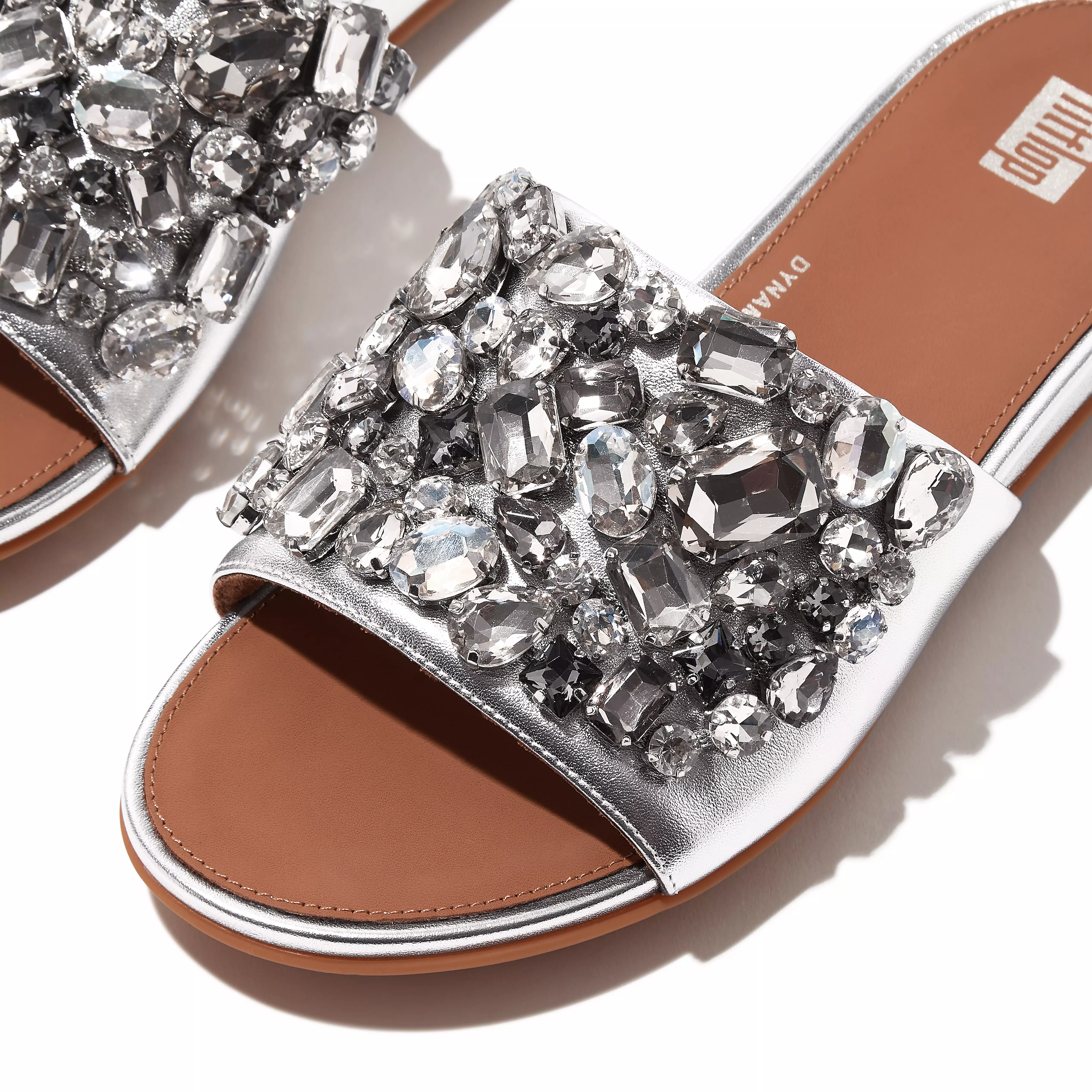 FITFLOP Gracie Jewel-Deluxe Metallic-Leather Slides in Silver HQ6 | Shop from eightywingold an official brand partner for Fitflop Canada and US.