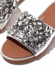 FITFLOP Gracie Jewel-Deluxe Metallic-Leather Slides in Silver HQ6 | Shop from eightywingold an official brand partner for Fitflop Canada and US.