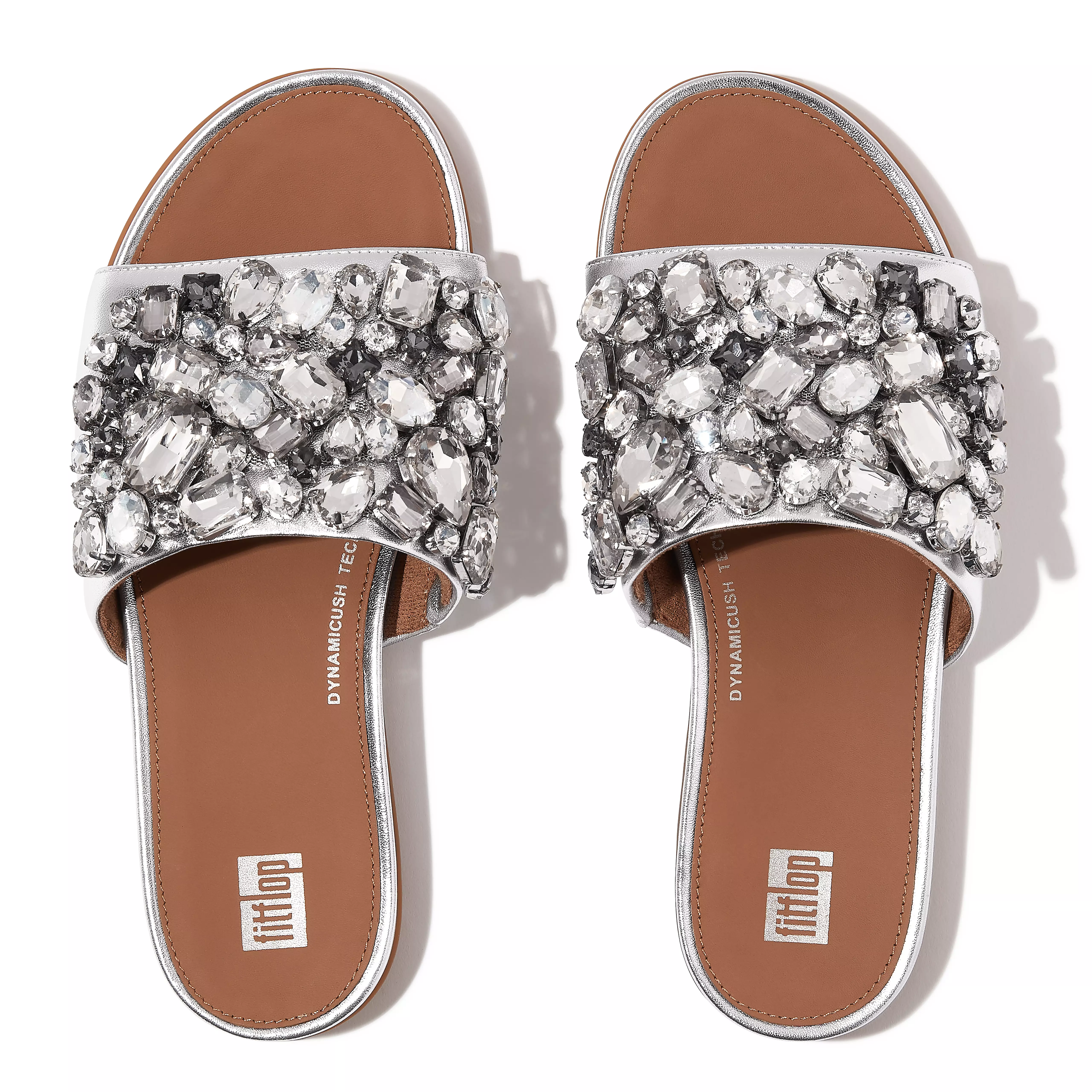 FITFLOP Gracie Jewel-Deluxe Metallic-Leather Slides in Silver HQ6 | Shop from eightywingold an official brand partner for Fitflop Canada and US.