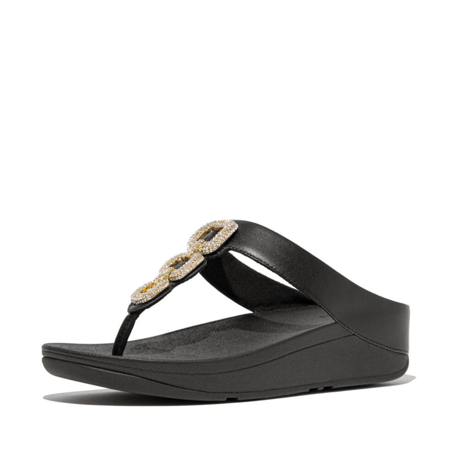 Elegant FitFlop HX2 001 Black sandals with soft toe-post leather, recycled zinc chain design, triple-density midsole, and natural arch support.