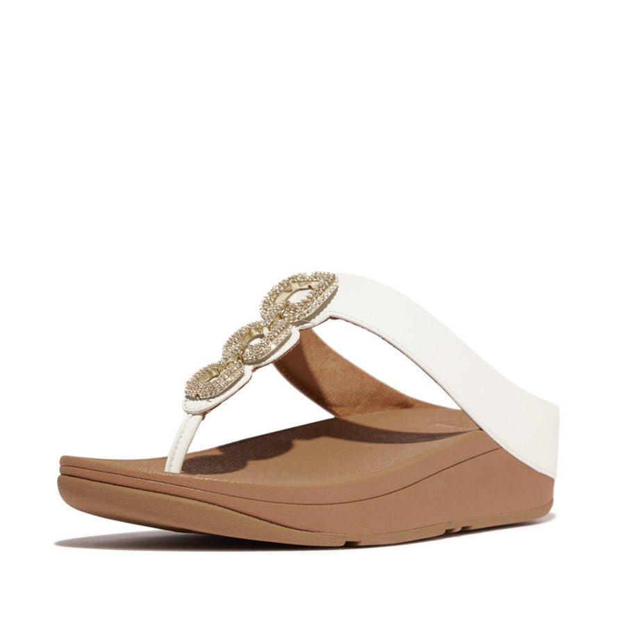 Shop FitFlop HE7 194 Urban White women's sandals in Canada – leather straps, crystal-studded chain, and APMA-approved ergonomic cushioning.
