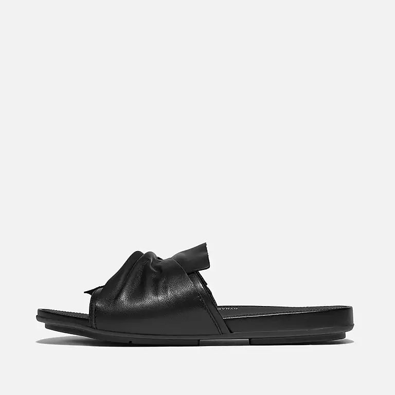 FITFLOP All Black leather bow slide sandals with Dynamicush comfort in Canada