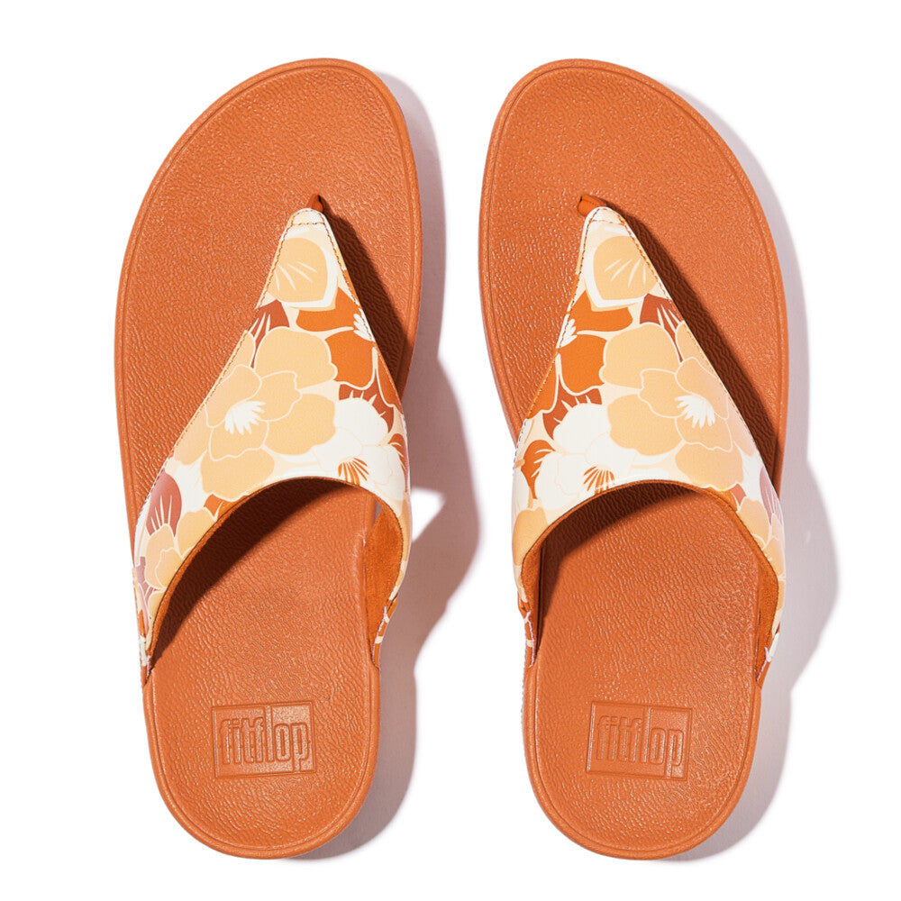 Top view of FITFLOP sandals in Canada in Peachy Mix featuring printed leather and APMA-certified arch support