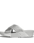 Side view of Silver FITFLOP Lulu Cross Slides in Canada with crystal embellishments and Microwobbleboard™ comfort