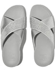 Top view of Silver FITFLOP crystal slides in Canada with soft faux-leather and contoured arch support