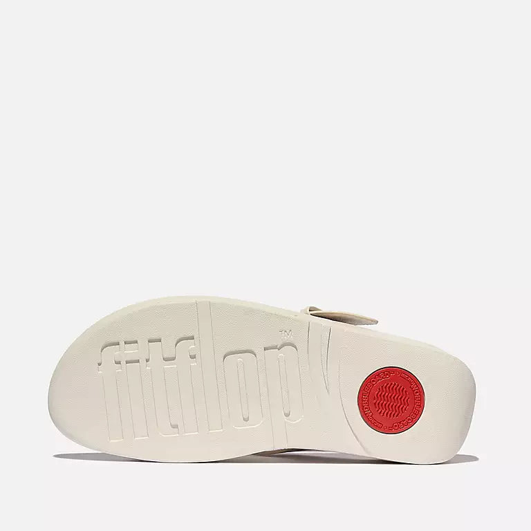 Sole view of FITFLOP Lulu sandals in Paris Beige in Canada with soft leather upper and antique-gold resin buckle detail