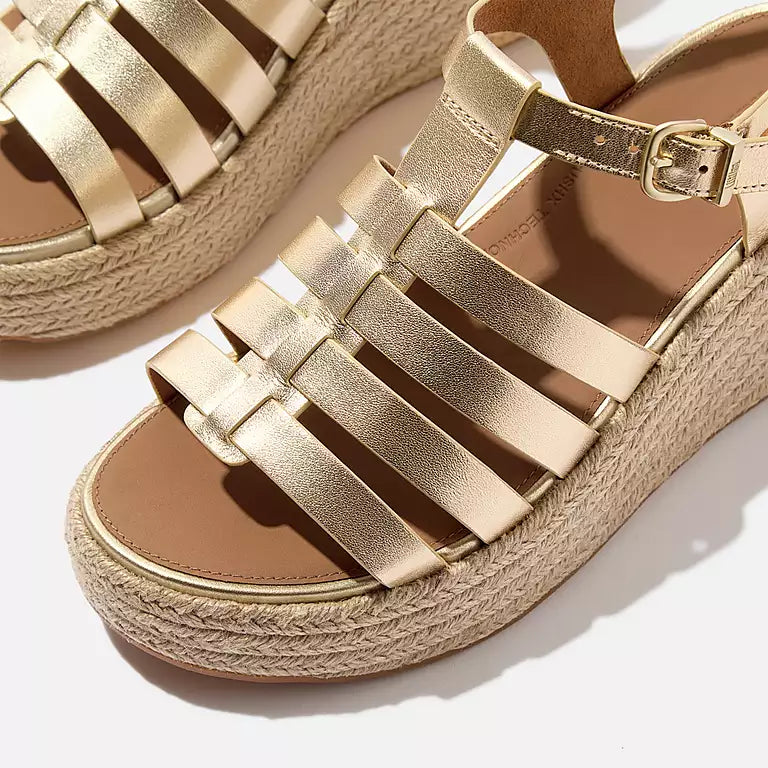 Platino FITFLOP espadrille wedge sandals in Canada with metallic leather straps and CushX comfort midsole