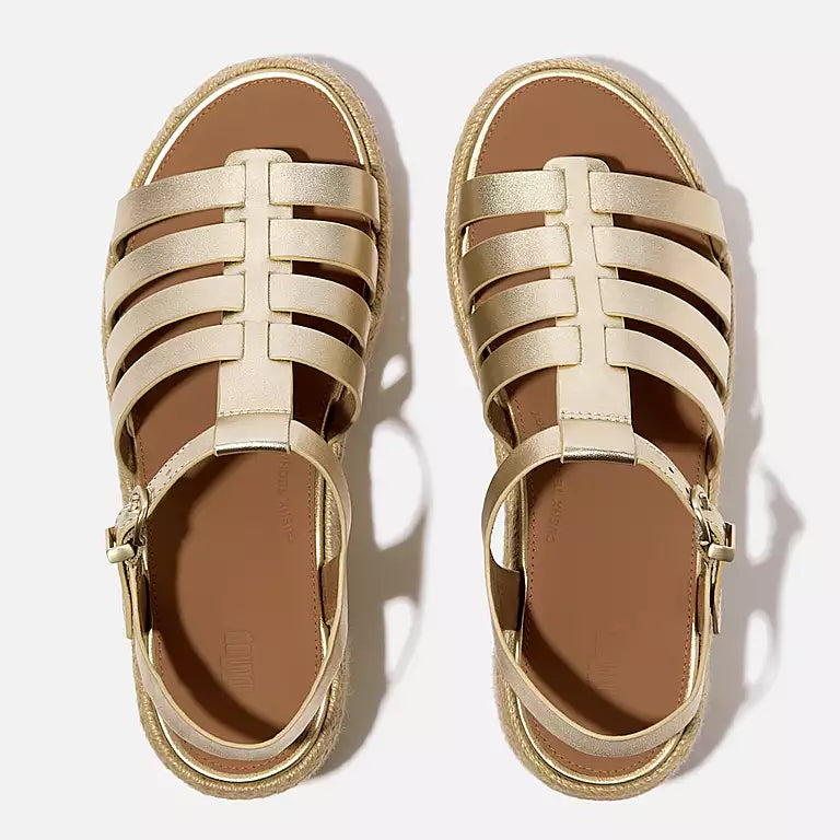 Top-down image of FITFLOP PlatFForm espadrilles in Platino in Canada with raw-edge leather and leather footbed