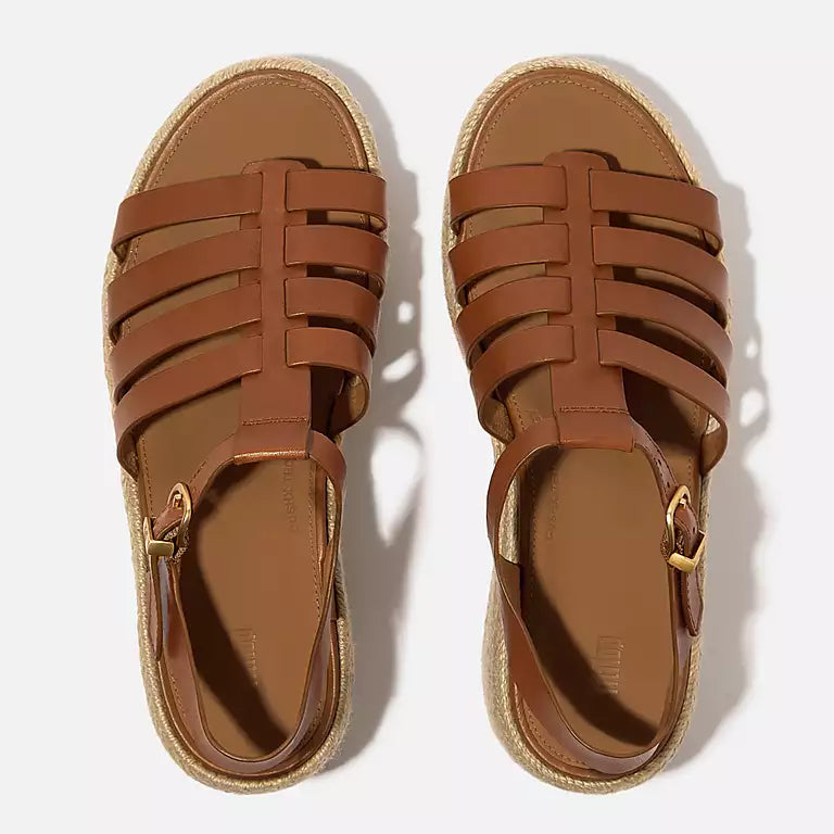 FITFLOP PlatFForm sandals in Canada in Deep Tan featuring jute-wrapped wedge and ergonomic leather straps
