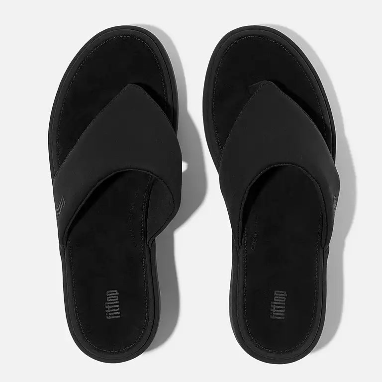 Top view of FITFLOP All Black PlatFForm sandals in Canada with contoured footbed and slip-on toe-post strap