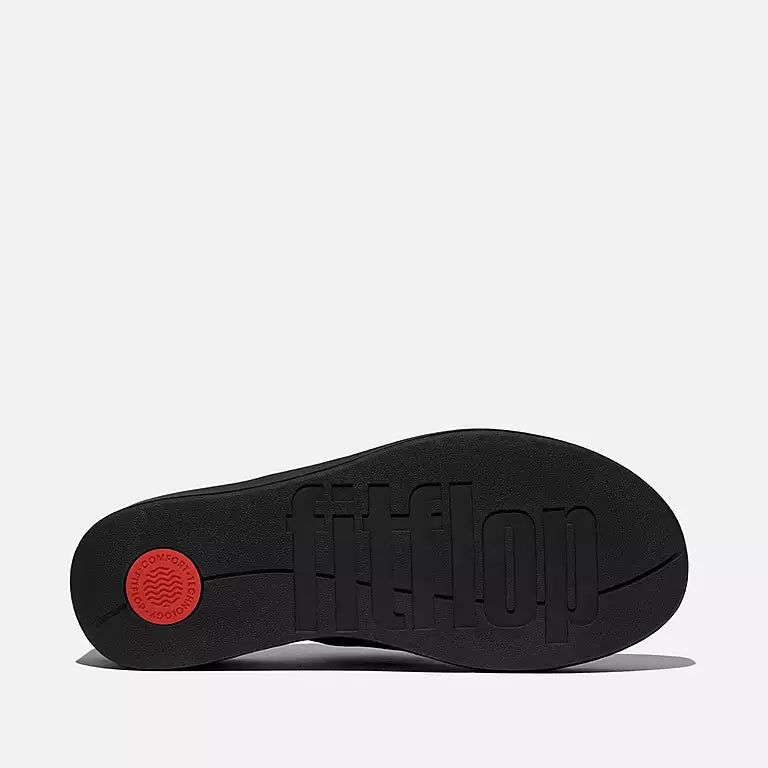 Sole View FITFLOP All Black wedge sandals in Canada with neoprene-style fabric and ergonomic high-heel cushioning