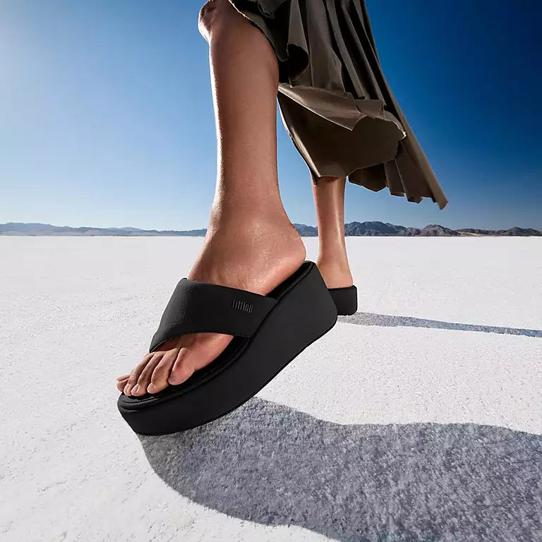 Modern All Black FITFLOP heeled sandals in Canada with subtle logo detail and sneaker-like comfort