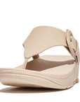 FITFLOP Lulu Covered-Buckle Raw-Edge Leather Toe-Thongs in Beige HG9 | Shop from eightywingold an official brand partner for Fitflop Canada and US.