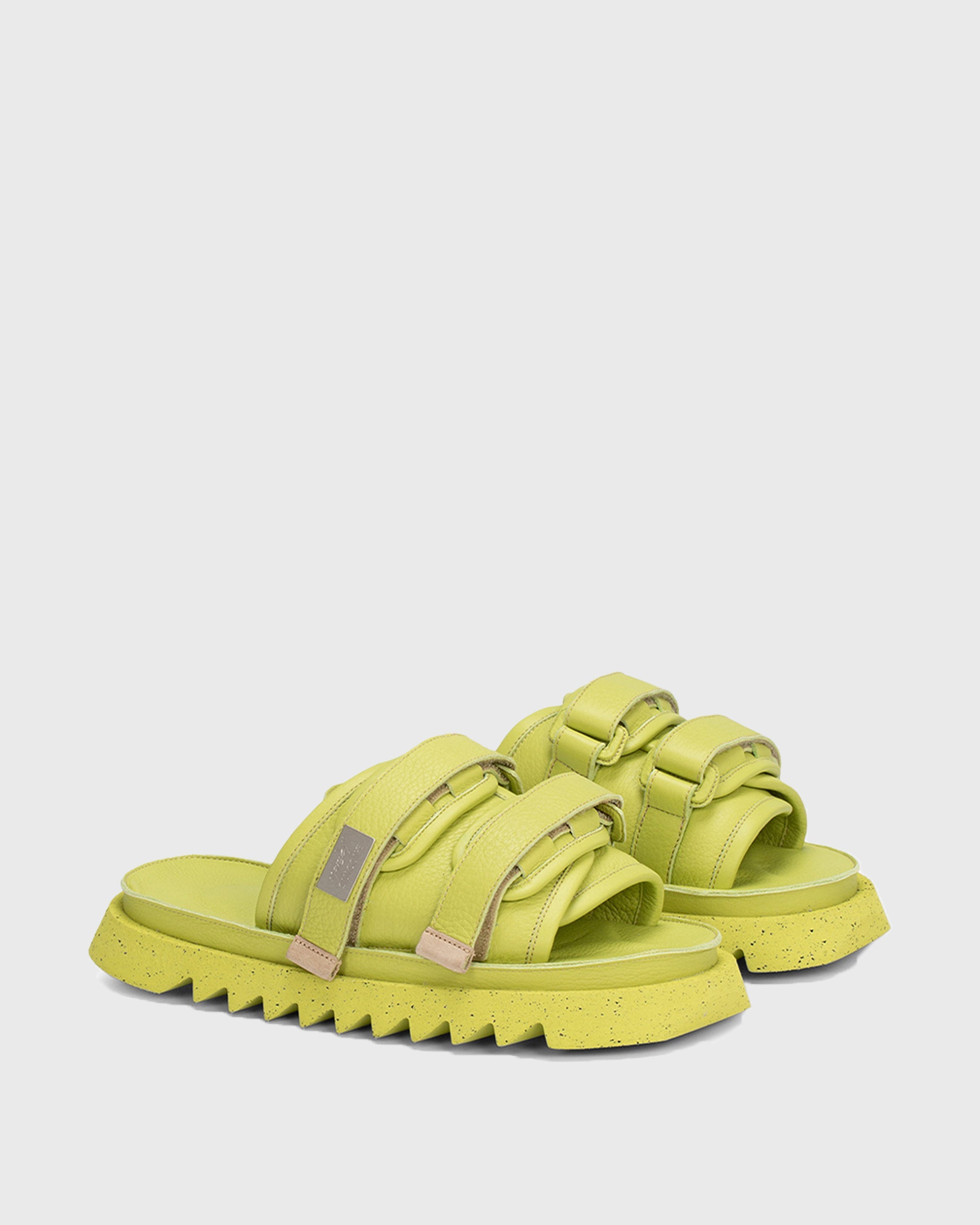 Mars‚Äö√†√∂¬¨√Üll SUICOKE Edition MOTO leather slides in lime with a recycled rubber shark sole | SUICOKE Official US & Canada Webstore | suicoke.ca