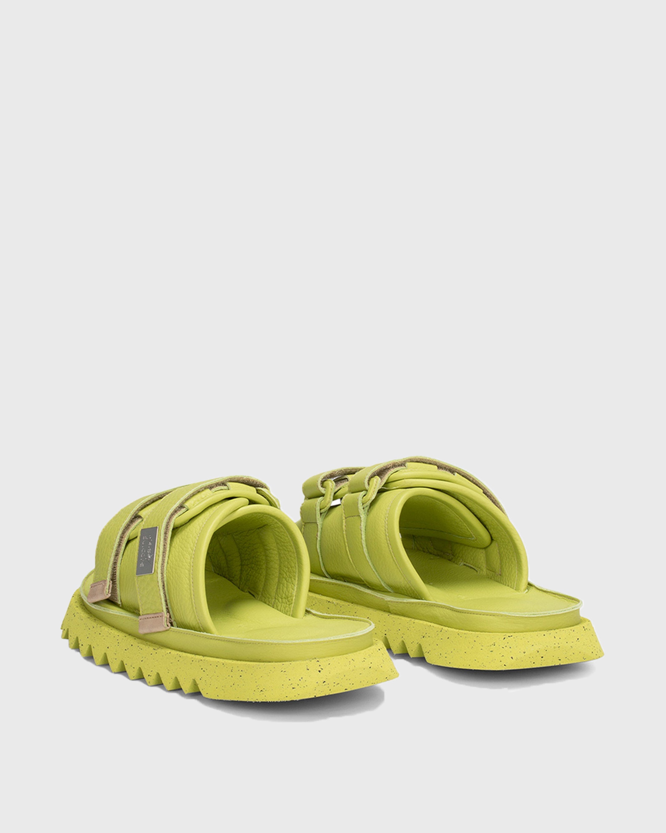 Mars‚Äö√†√∂¬¨√Üll SUICOKE Edition MOTO leather slides in lime with a recycled rubber shark sole | SUICOKE Official US & Canada Webstore | suicoke.ca