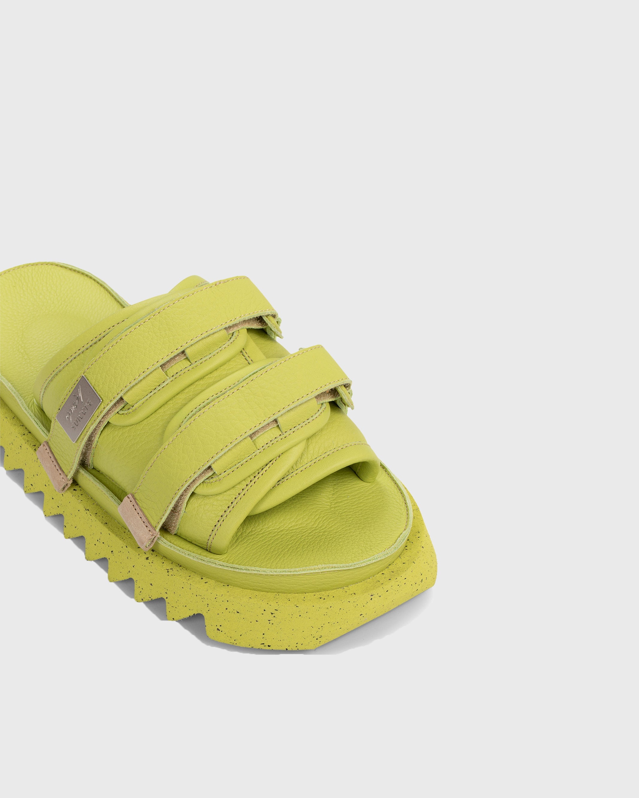 Mars‚Äö√†√∂¬¨√Üll SUICOKE Edition MOTO leather slides in lime with a recycled rubber shark sole | SUICOKE Official US & Canada Webstore | suicoke.ca