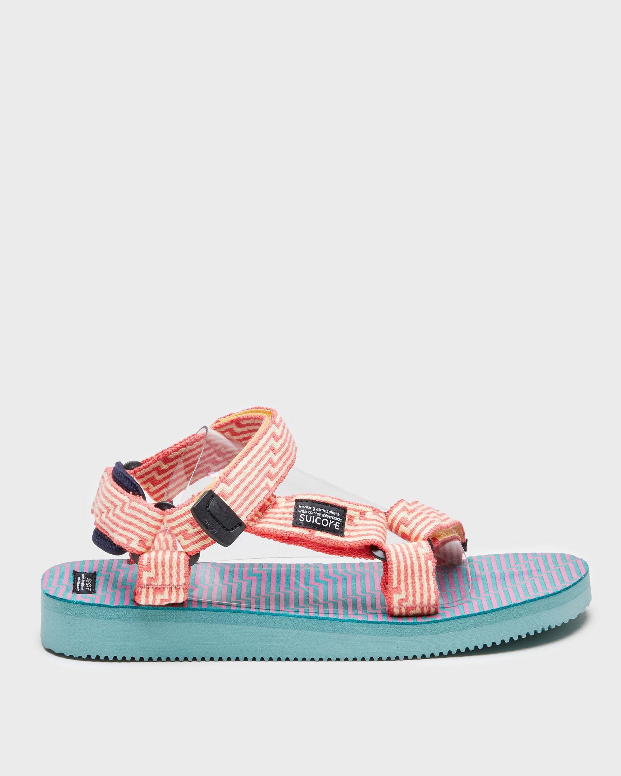 SUICOKE DEPA-JC01 sandals with yellow & pink nylon upper, yellow & pink midsole and sole, strap and logo patch. From Spring/Summer 2023 collection on SUICOKE Official US & Canada Webstore. OG-022-JC01 YELLOW X PINK