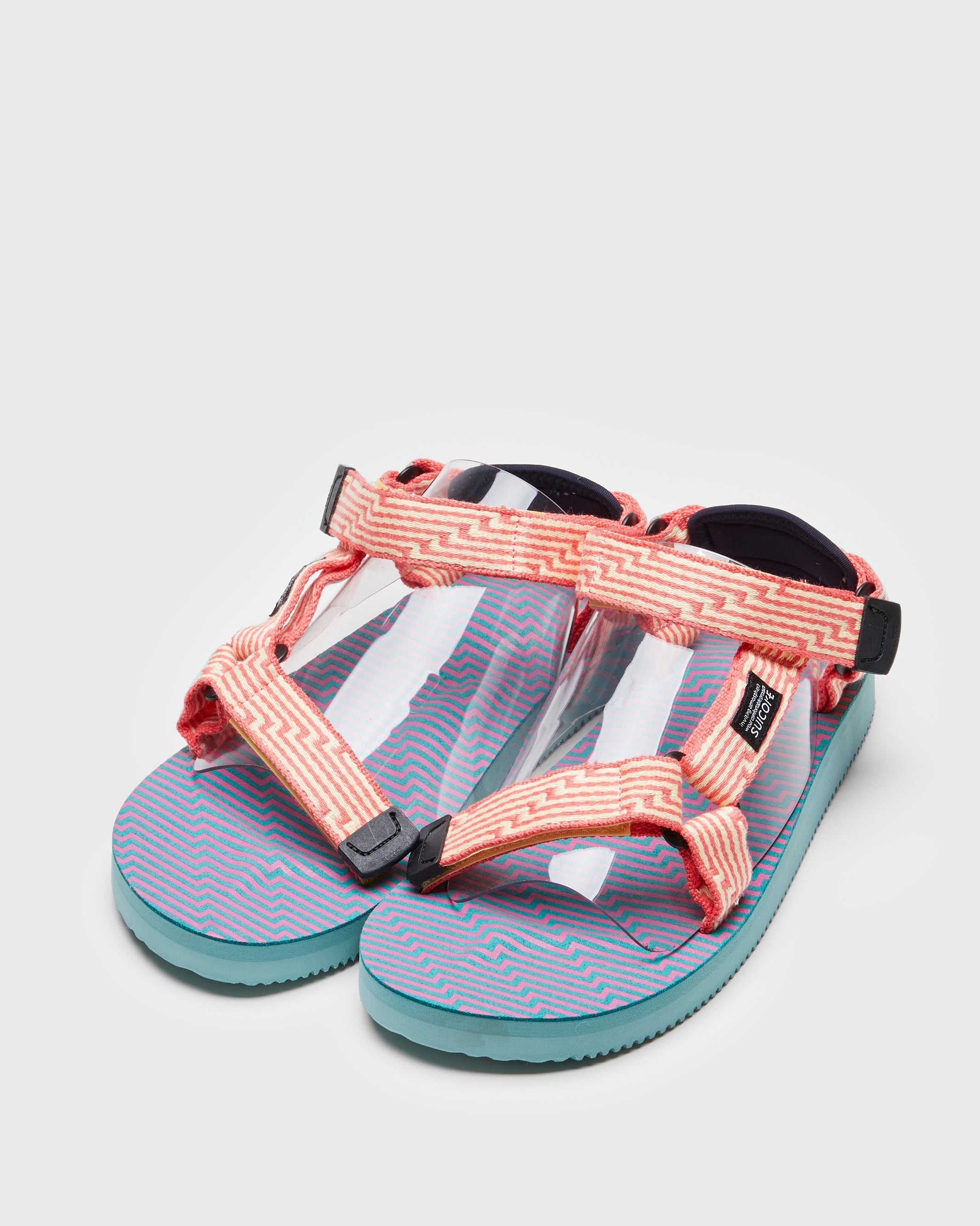 SUICOKE DEPA-JC01 sandals with yellow & pink nylon upper, yellow & pink midsole and sole, strap and logo patch. From Spring/Summer 2023 collection on SUICOKE Official US & Canada Webstore. OG-022-JC01 YELLOW X PINK