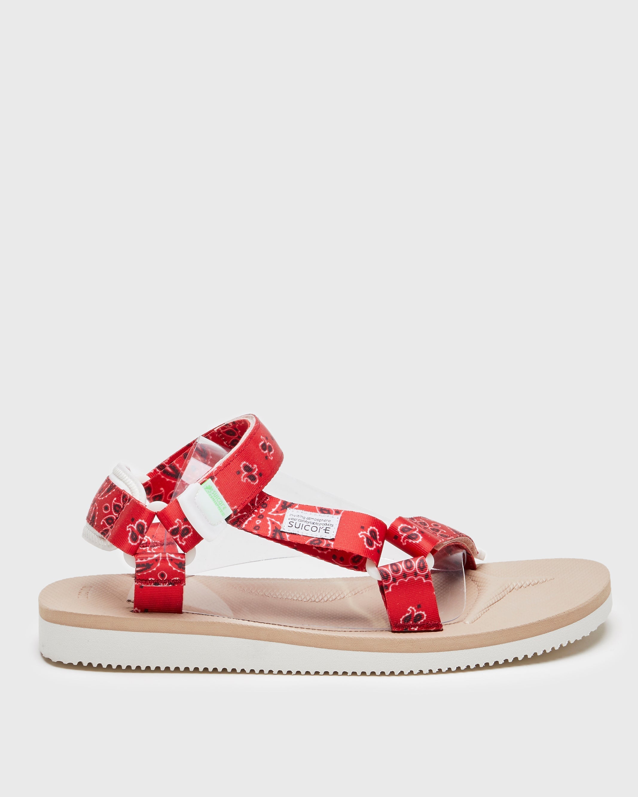 SUICOKE DEPA-Cab-PT05 sandals with red & beige nylon upper, red & beige midsole and sole, strap and logo patch. From Spring/Summer 2023 collection on SUICOKE Official US & Canada Webstore. OG-022CAB-PT05 RED X BEIGE