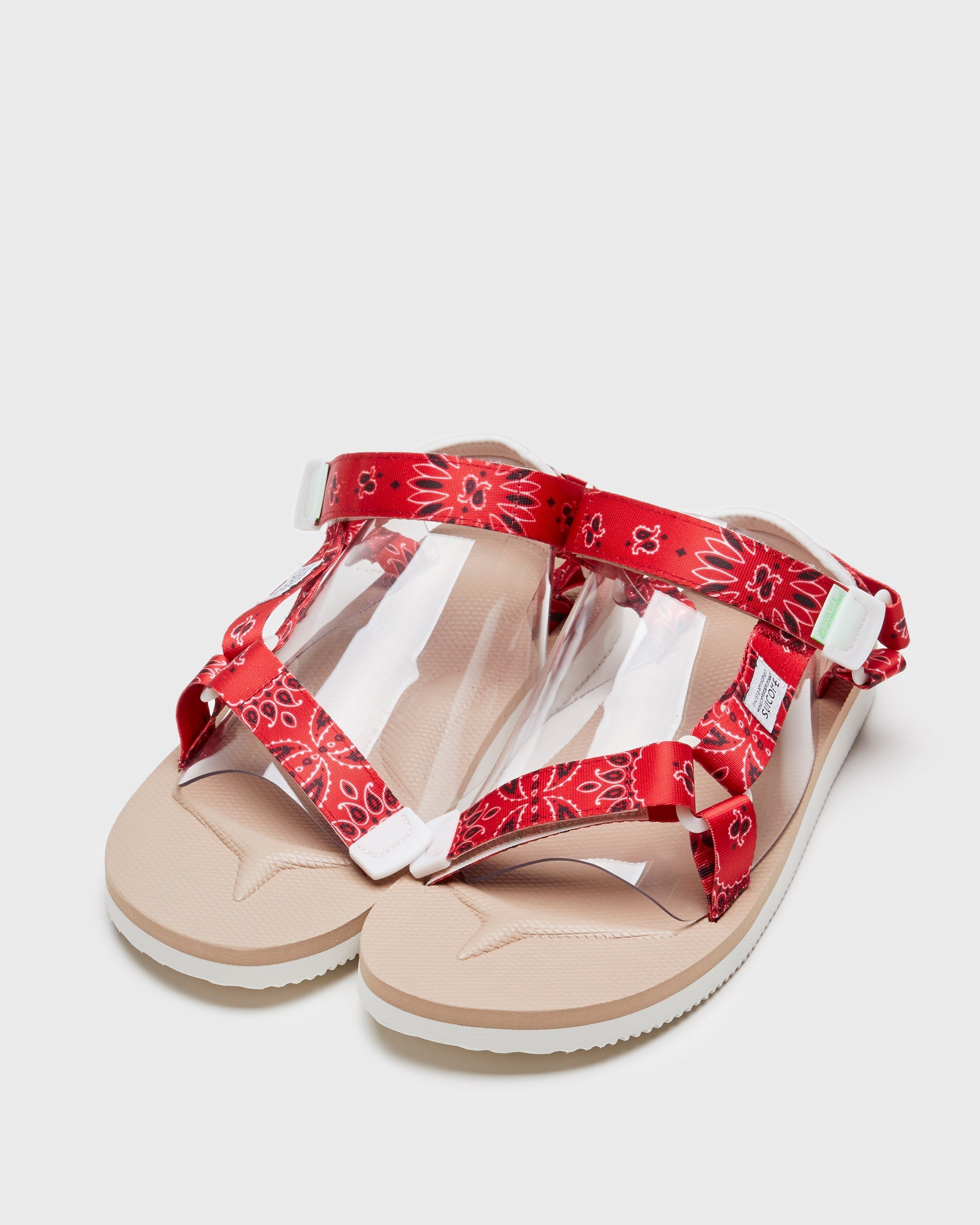 SUICOKE DEPA-Cab-PT05 sandals with red & beige nylon upper, red & beige midsole and sole, strap and logo patch. From Spring/Summer 2023 collection on SUICOKE Official US & Canada Webstore. OG-022CAB-PT05 RED X BEIGE