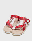 SUICOKE DEPA-Cab-PT05 sandals with red & beige nylon upper, red & beige midsole and sole, strap and logo patch. From Spring/Summer 2023 collection on SUICOKE Official US & Canada Webstore. OG-022CAB-PT05 RED X BEIGE