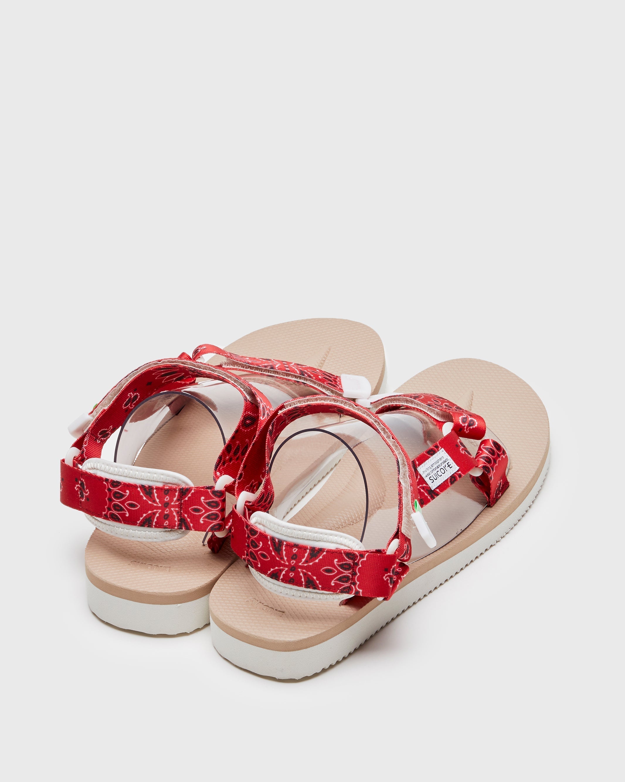 SUICOKE DEPA-Cab-PT05 sandals with red & beige nylon upper, red & beige midsole and sole, strap and logo patch. From Spring/Summer 2023 collection on SUICOKE Official US & Canada Webstore. OG-022CAB-PT05 RED X BEIGE