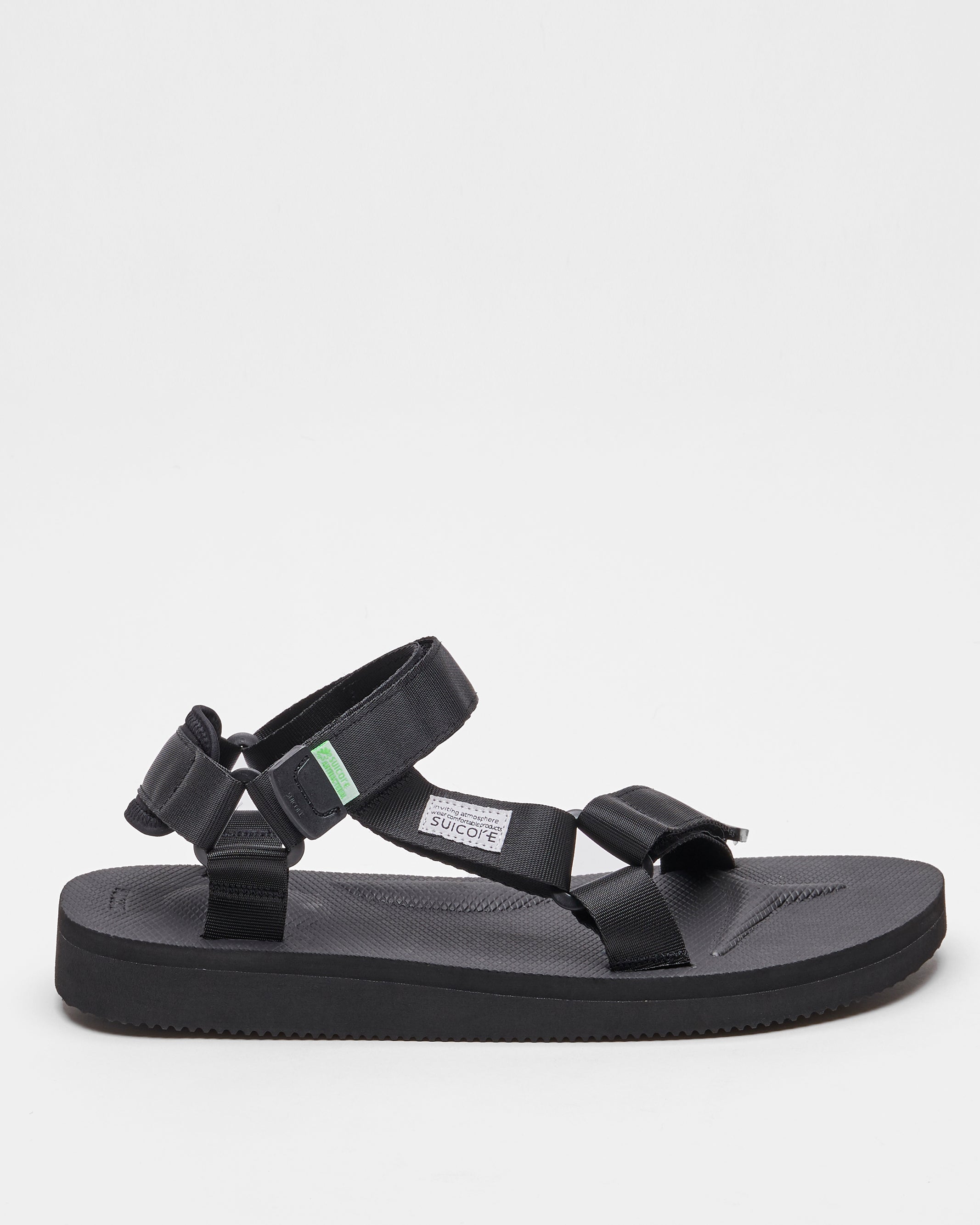 SUICOKE DEPA-Cab sandals with black nylon upper, black midsole and sole, strap and logo patch. From Spring/Summer 2022 collection on SUICOKE Official US & Canada Webstore.