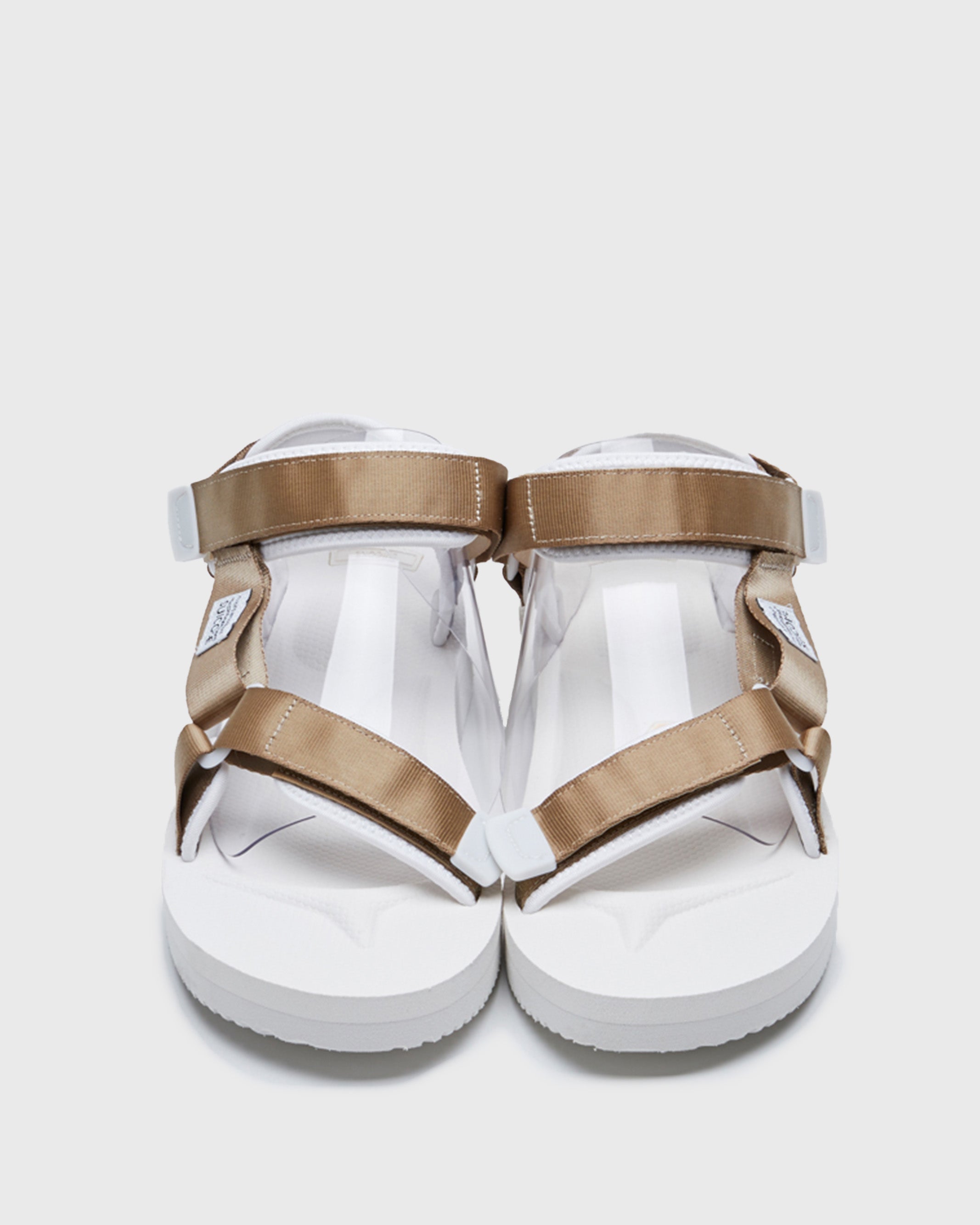 SUICOKE DEPA-V2 strap sandal with white midsole and sole, white straps with beige nylon straps on the SUICOKE Official US & Canada Webstore.