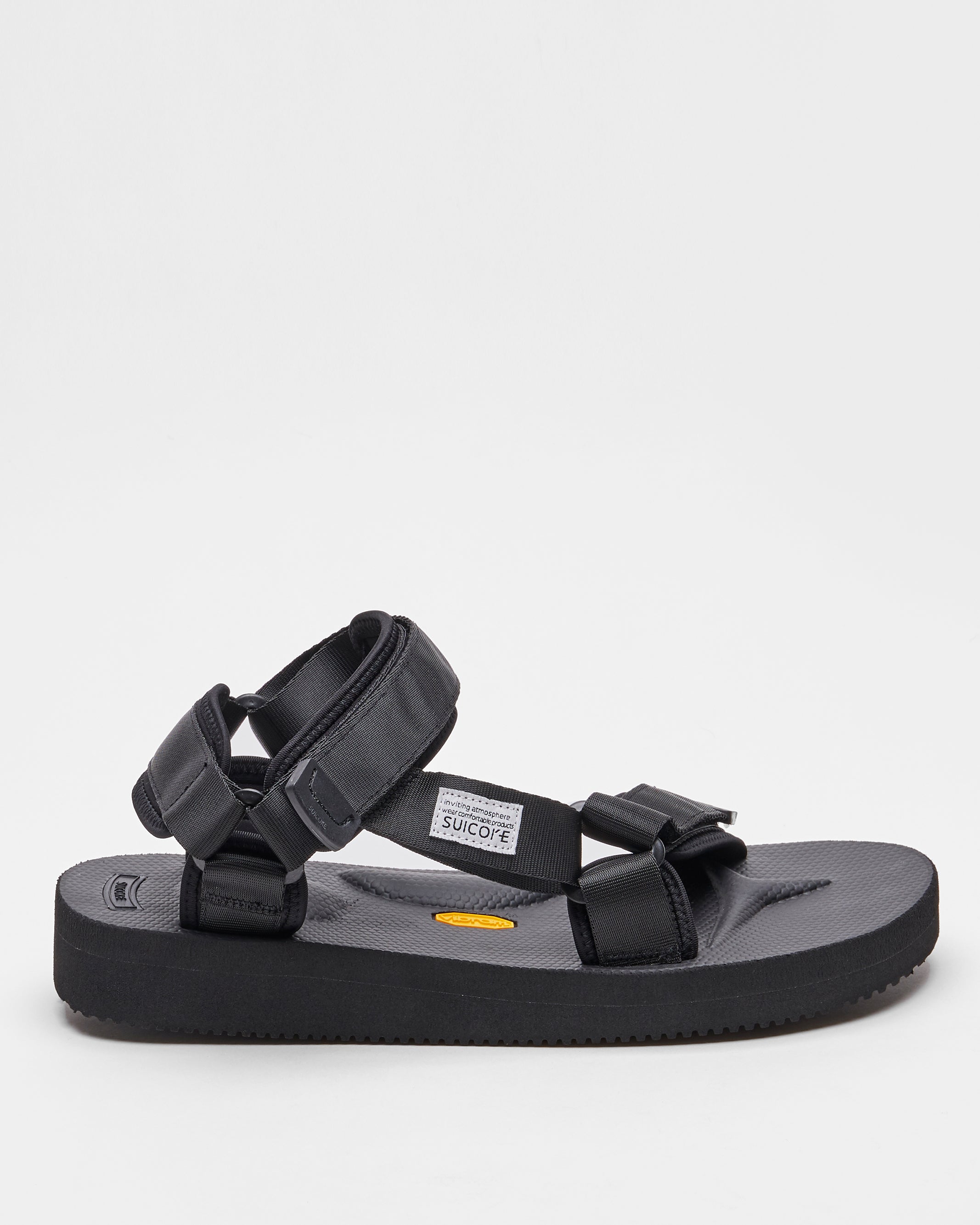 SUICOKE DEPA-V2 sandals with black nylon upper, black midsole and sole, strap and logo patch. From Spring/Summer 2022 collection on SUICOKE Official US & Canada Webstore.