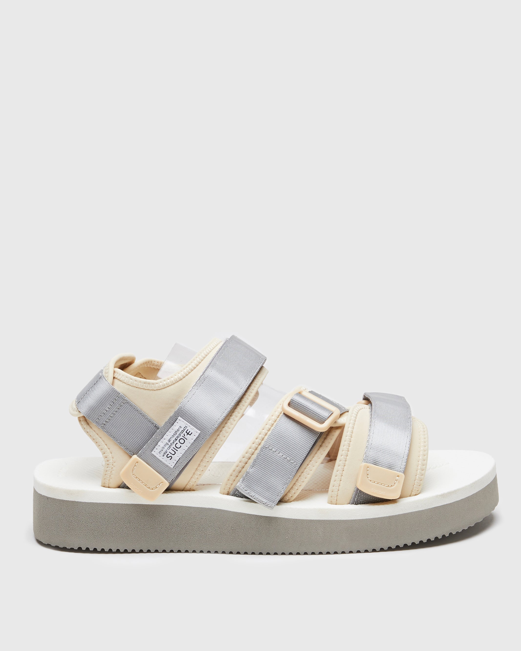 SUICOKE KISEE-PO sandals with gray & white nylon upper, gray & white midsole and sole, strap and logo patch. From Spring/Summer 2023 collection on SUICOKE Official US & Canada Webstore. OG-044PO GRAY X WHITE